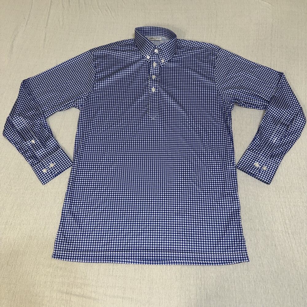 Collars & Co Men Small Blue Checks AOP Long Sleeve Polo Shirt Missing Button